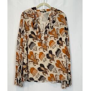 Kobi Halperin Silk Blend Ruffle Blouse XL Ikat Feather Print Designer